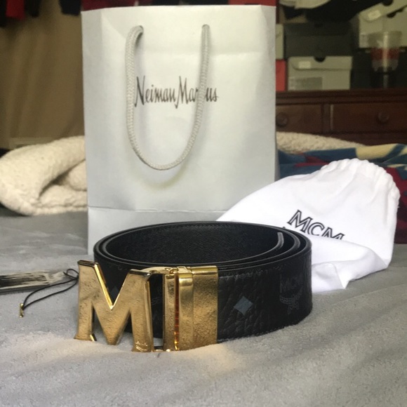mcm belt black and gold